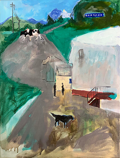 painting, Runaway Cow, by Nina Talbot