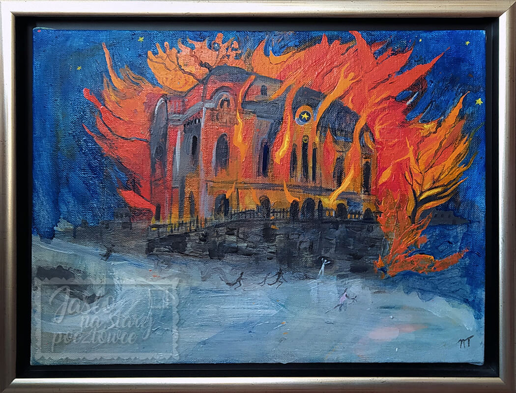 Jurek’s Dream of the Jasło Synagogue on Fire, painting by Nina Talbot